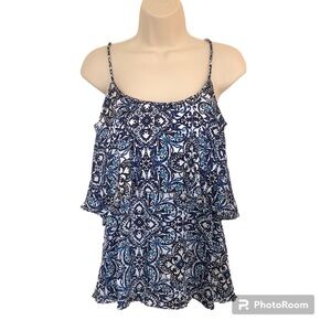White House Black Market WHBM Tiered Cami Blouse Top-Blue White-S-NWT